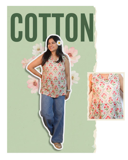 White and Red Floral Print Short Kurta Sleeveless