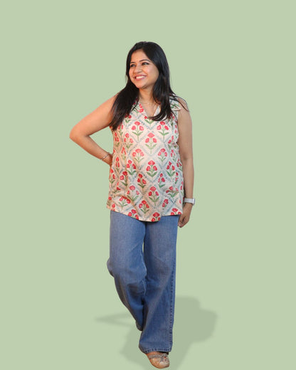 White and Red Floral Print Short Kurta Sleeveless