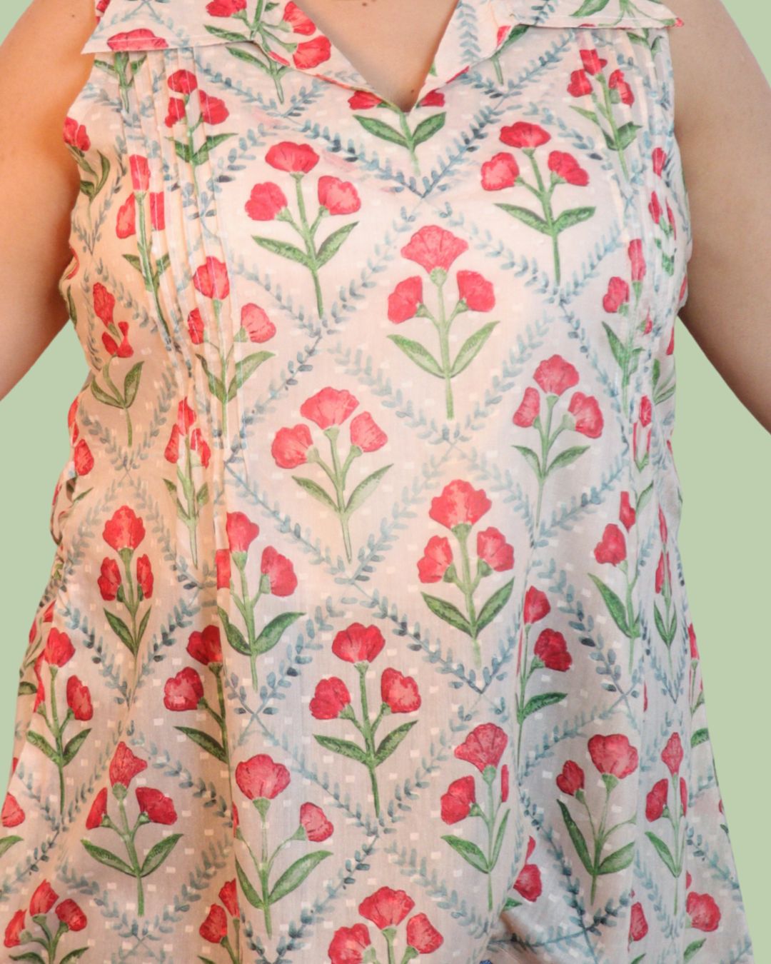 White and Red Floral Print Short Kurta Sleeveless