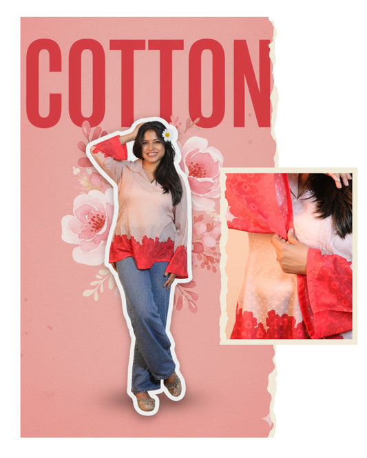 Salmon Red Floral Print Short Kurta Retro Sleeve