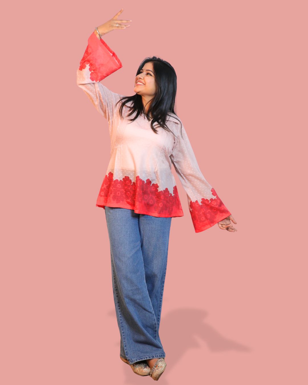 Salmon Red Floral Print Short Kurta Retro Sleeve