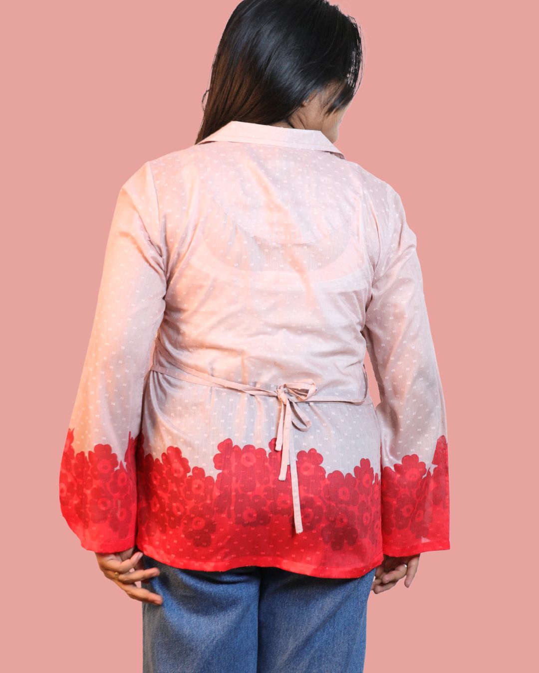 Salmon Red Floral Print Short Kurta Retro Sleeve