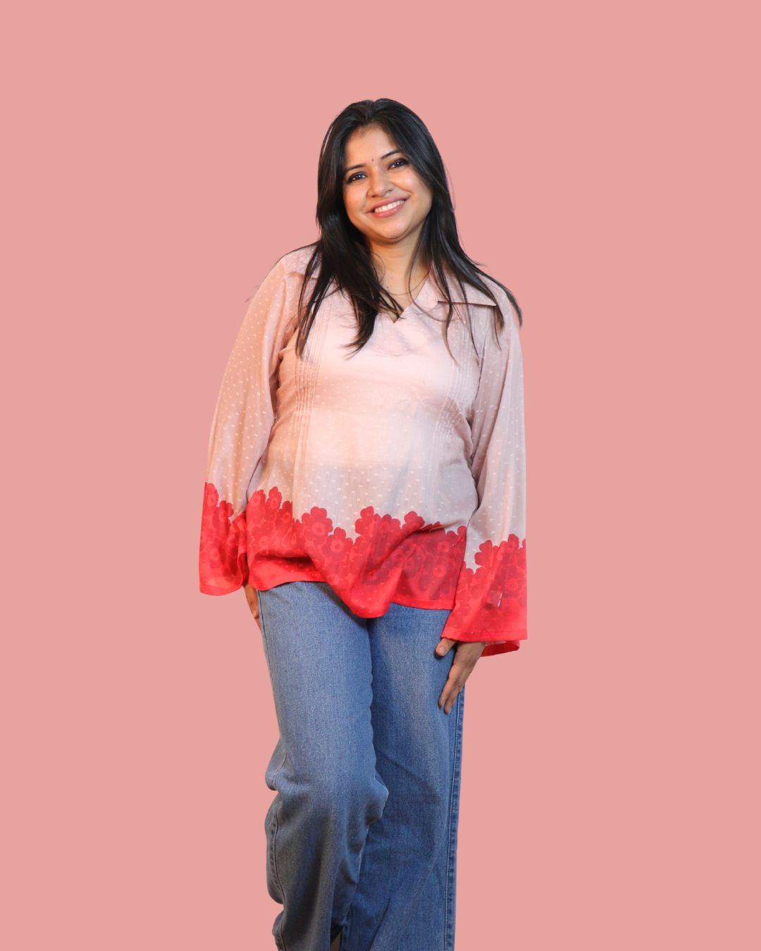 Salmon Red Floral Print Short Kurta Retro Sleeve