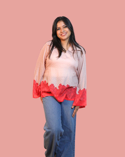 Salmon Red Floral Print Short Kurta Retro Sleeve