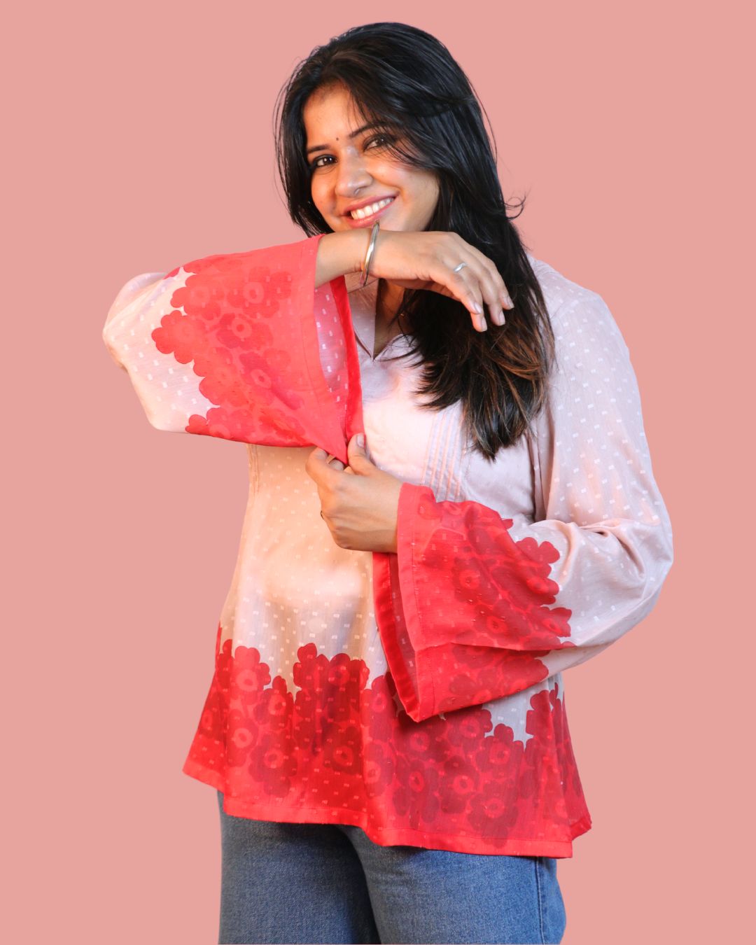 Salmon Red Floral Print Short Kurta Retro Sleeve