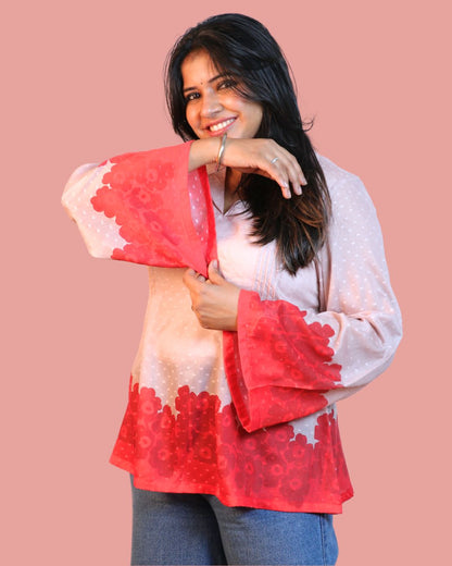 Salmon Red Floral Print Short Kurta Retro Sleeve