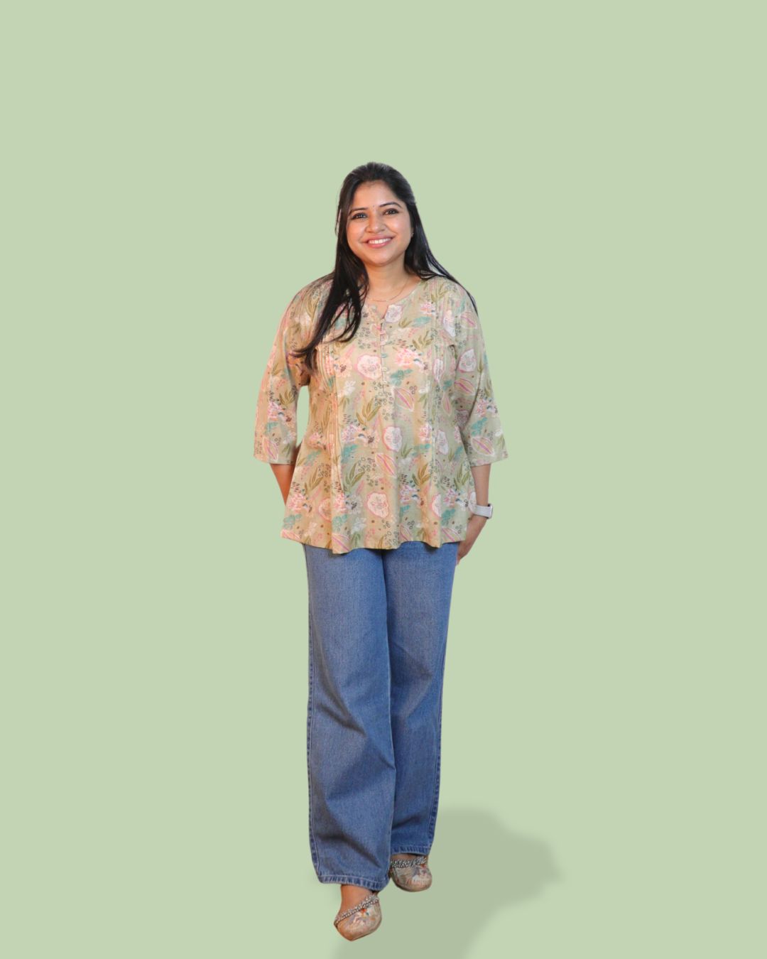 Green Floral Printed Short Kurti 3/4