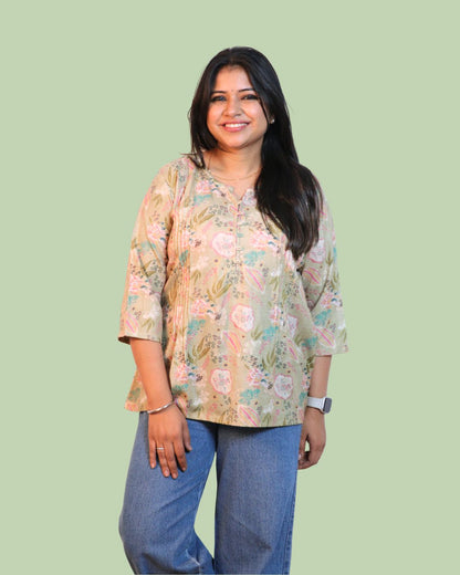 Green Floral Printed Short Kurti 3/4