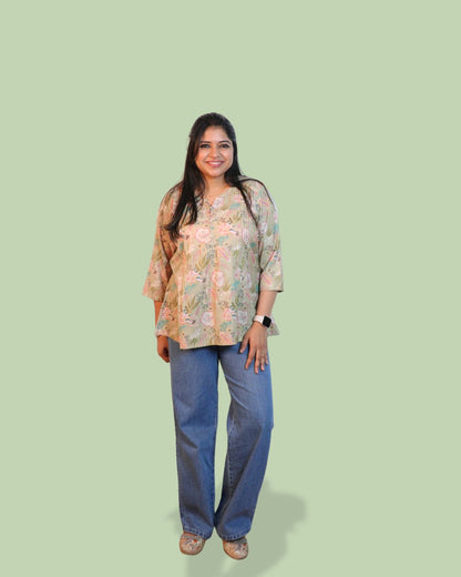 Green Floral Printed Short Kurti 3/4