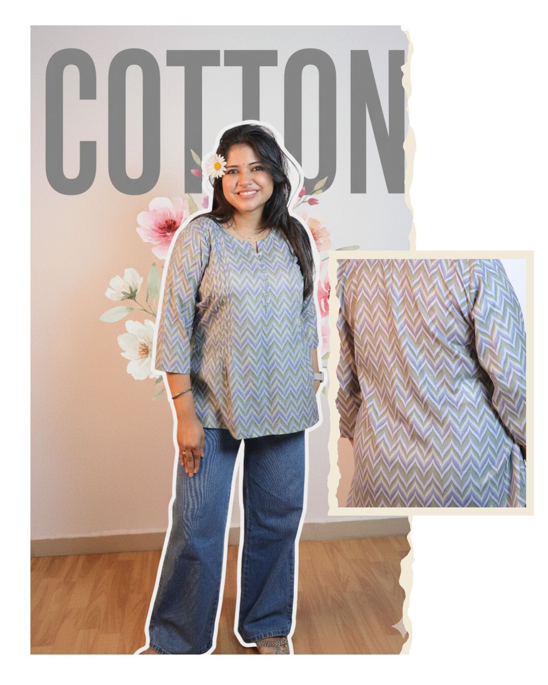 Grey Chevron Printed Short Kurti 3/4