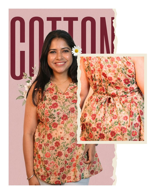 Brown and Red Floral Print Short Kurta Sleeveless