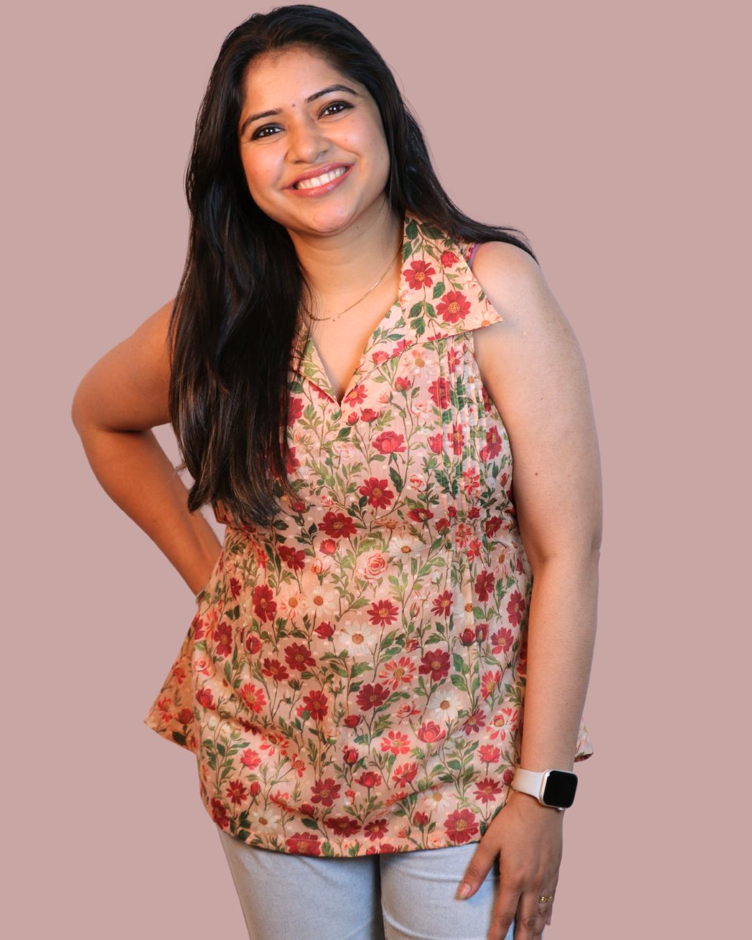 Brown and Red Floral Print Short Kurta Sleeveless
