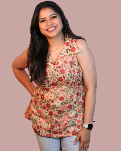 Brown and Red Floral Print Short Kurta Sleeveless