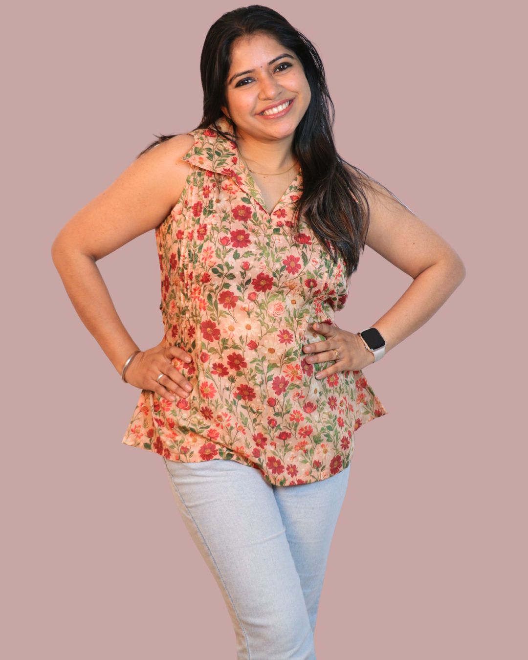 Brown and Red Floral Print Short Kurta Sleeveless