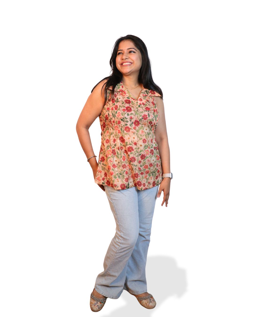 Brown and Red Floral Print Short Kurta Sleeveless