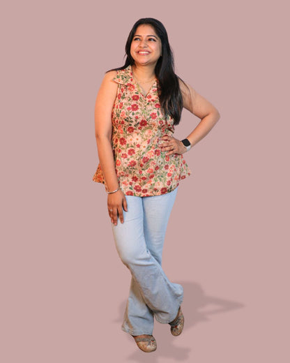 Brown and Red Floral Print Short Kurta Sleeveless