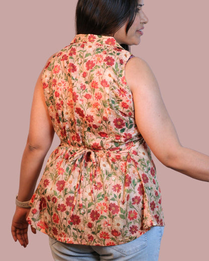 Brown and Red Floral Print Short Kurta Sleeveless