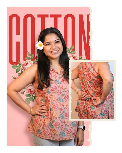 Salmon and Red Floral Print Short Kurta Sleeveless