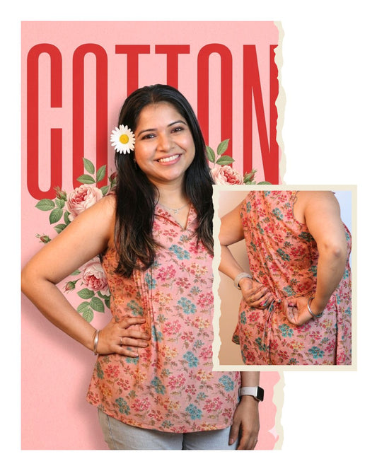 Salmon and Red Floral Print Short Kurta Sleeveless