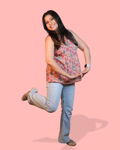 Salmon and Red Floral Print Short Kurta Sleeveless