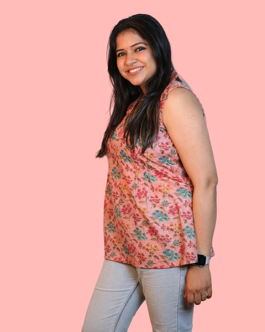 Salmon and Red Floral Print Short Kurta Sleeveless