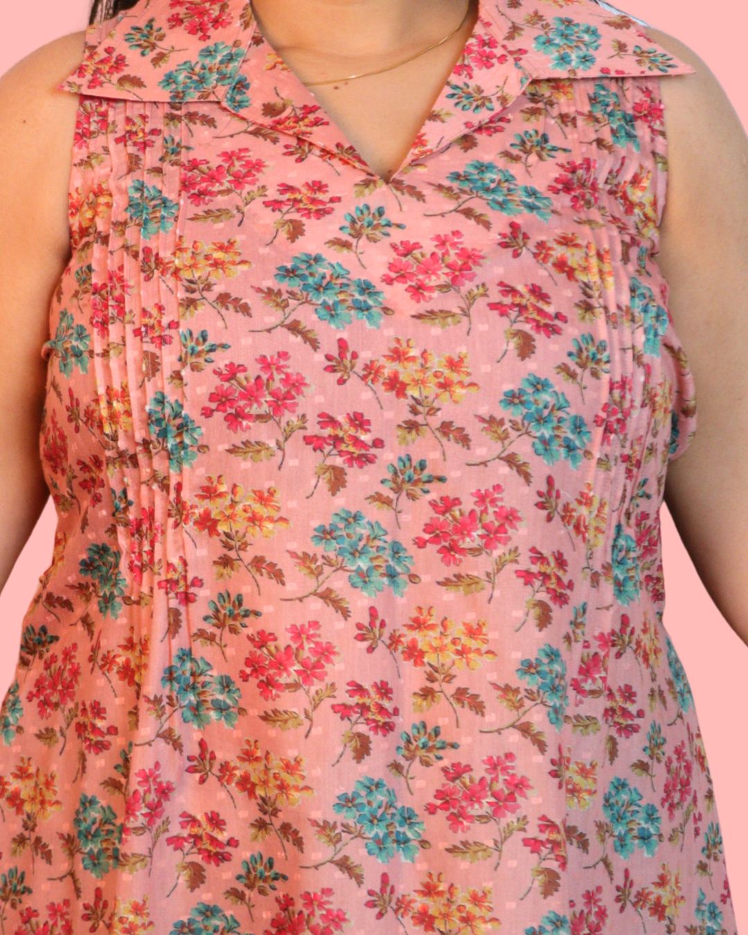 Salmon and Red Floral Print Short Kurta Sleeveless