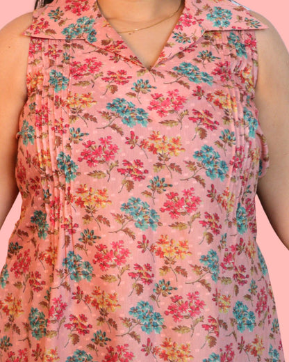 Salmon and Red Floral Print Short Kurta Sleeveless