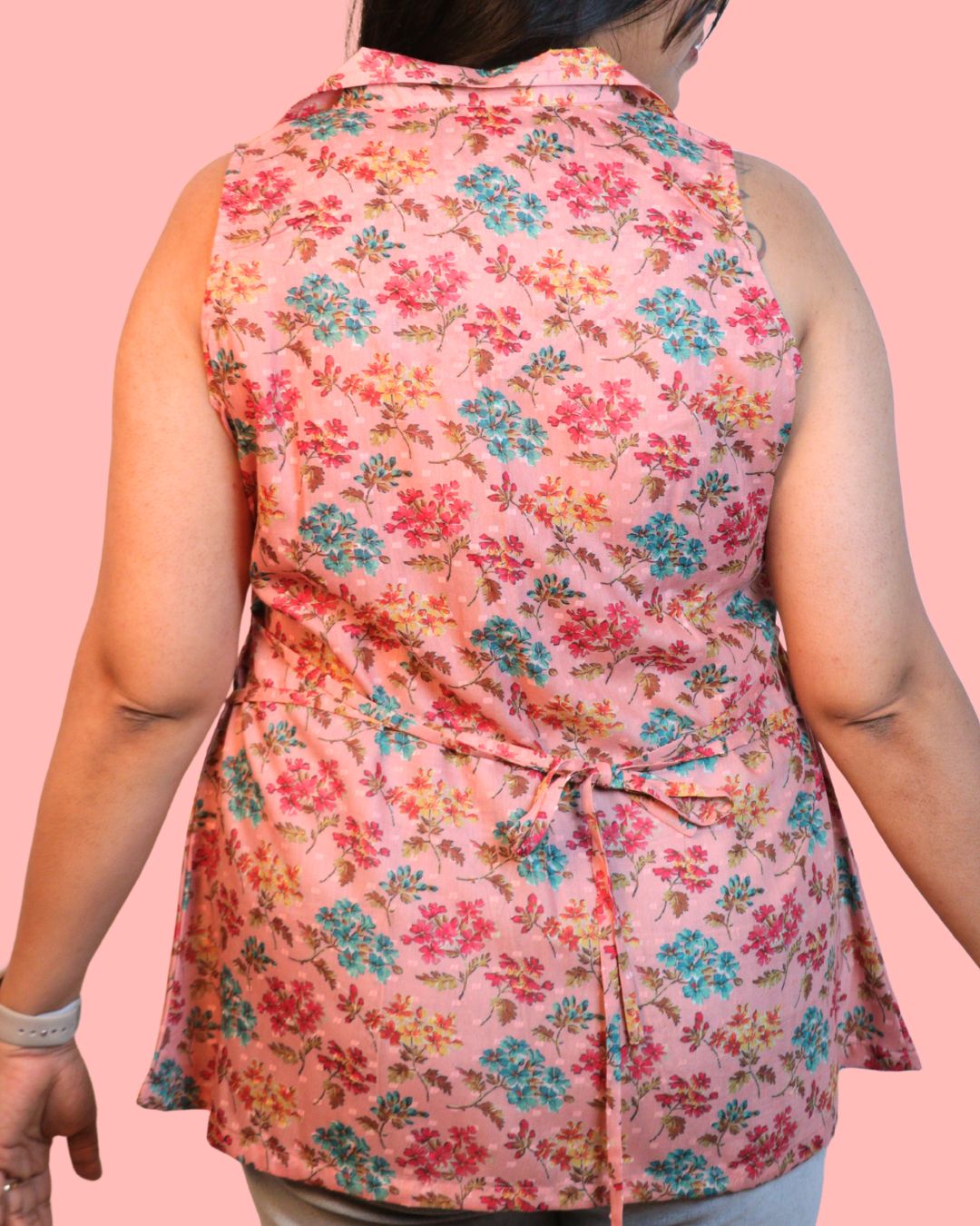 Salmon and Red Floral Print Short Kurta Sleeveless