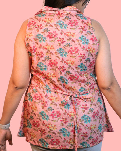 Salmon and Red Floral Print Short Kurta Sleeveless