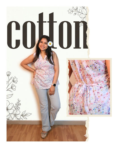 White and Purple Floral Print Short Kurta Sleeveless