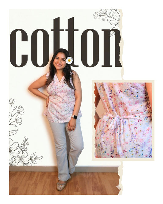 White and Purple Floral Print Short Kurta Sleeveless