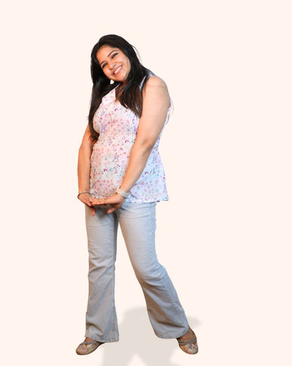 White and Purple Floral Print Short Kurta Sleeveless
