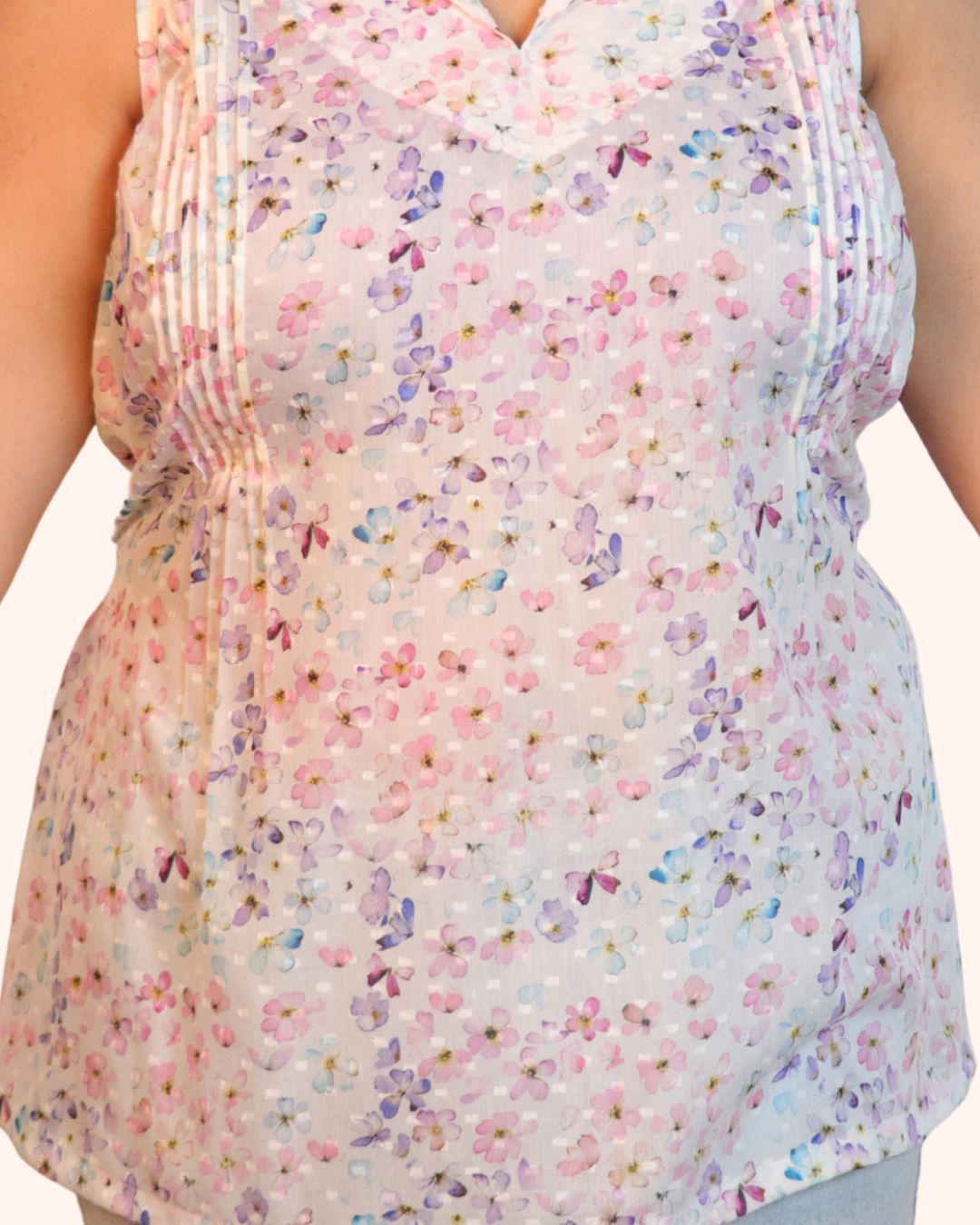 White and Purple Floral Print Short Kurta Sleeveless