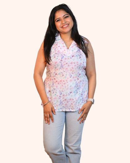 White and Purple Floral Print Short Kurta Sleeveless