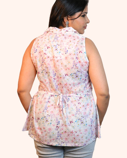White and Purple Floral Print Short Kurta Sleeveless