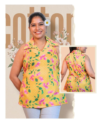 Yellow Floral Print Short Kurta Sleeveless