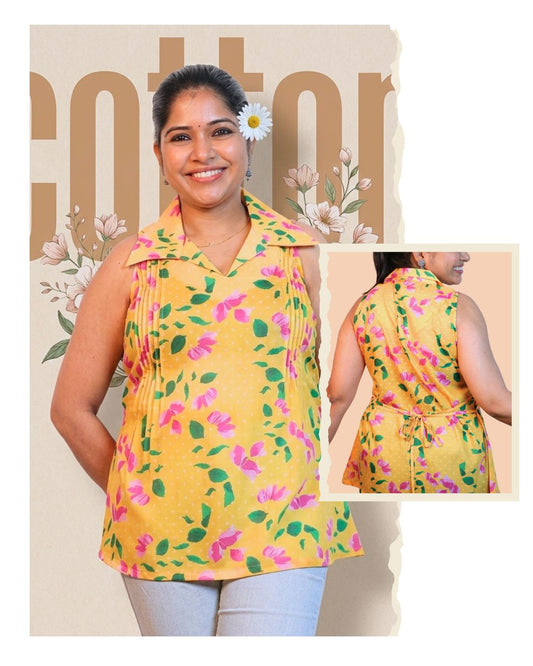 Yellow Floral Print Short Kurta Sleeveless