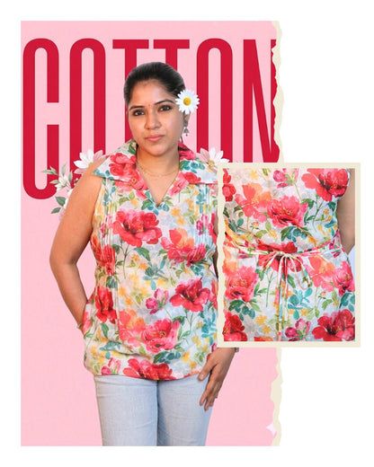 Red and Yellow Floral Print Short Kurta Sleeveless