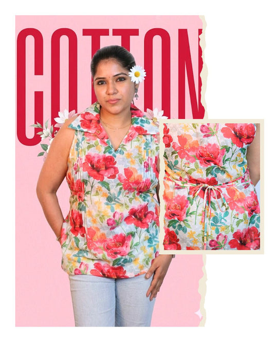 Red and Yellow Floral Print Short Kurta Sleeveless