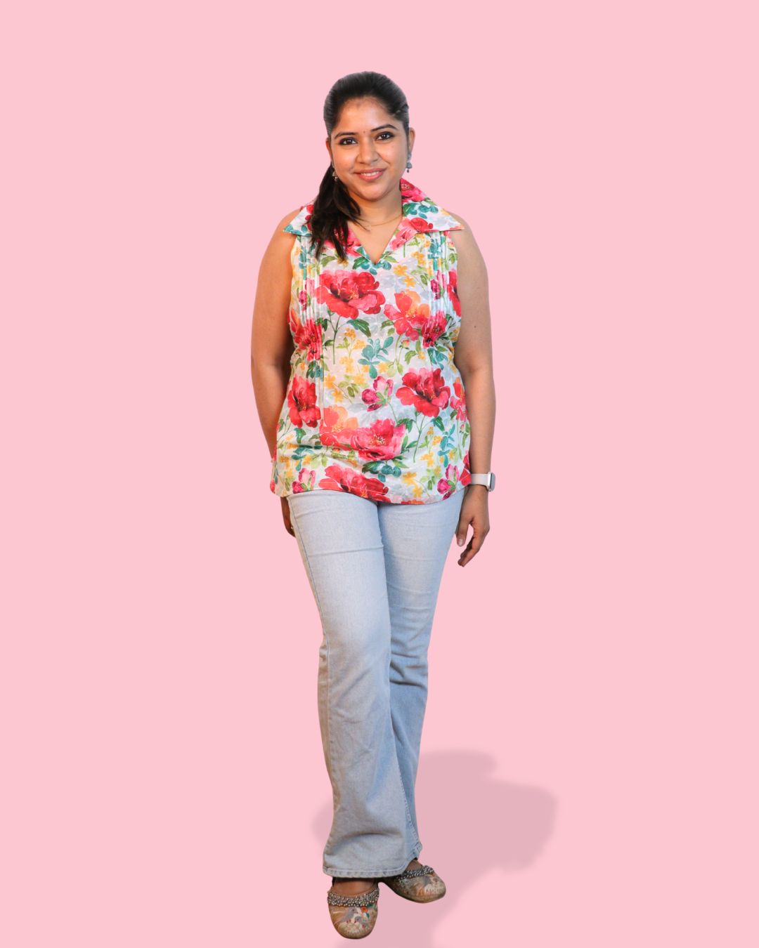 Red and Yellow Floral Print Short Kurta Sleeveless