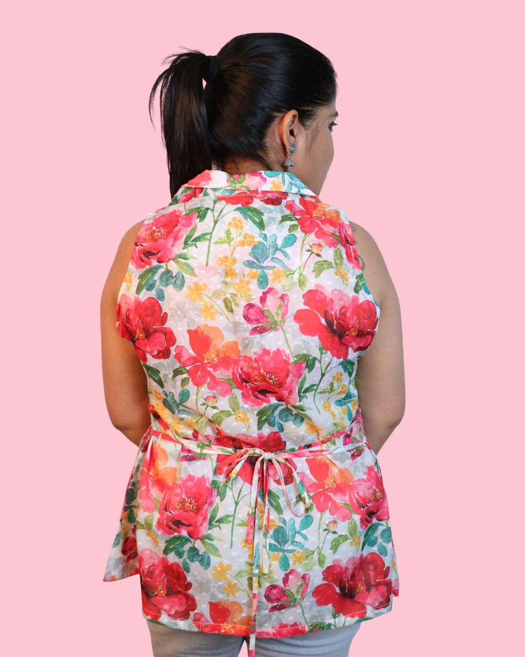 Red and Yellow Floral Print Short Kurta Sleeveless