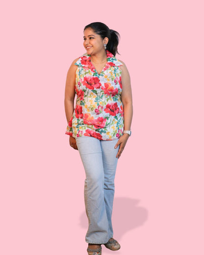 Red and Yellow Floral Print Short Kurta Sleeveless