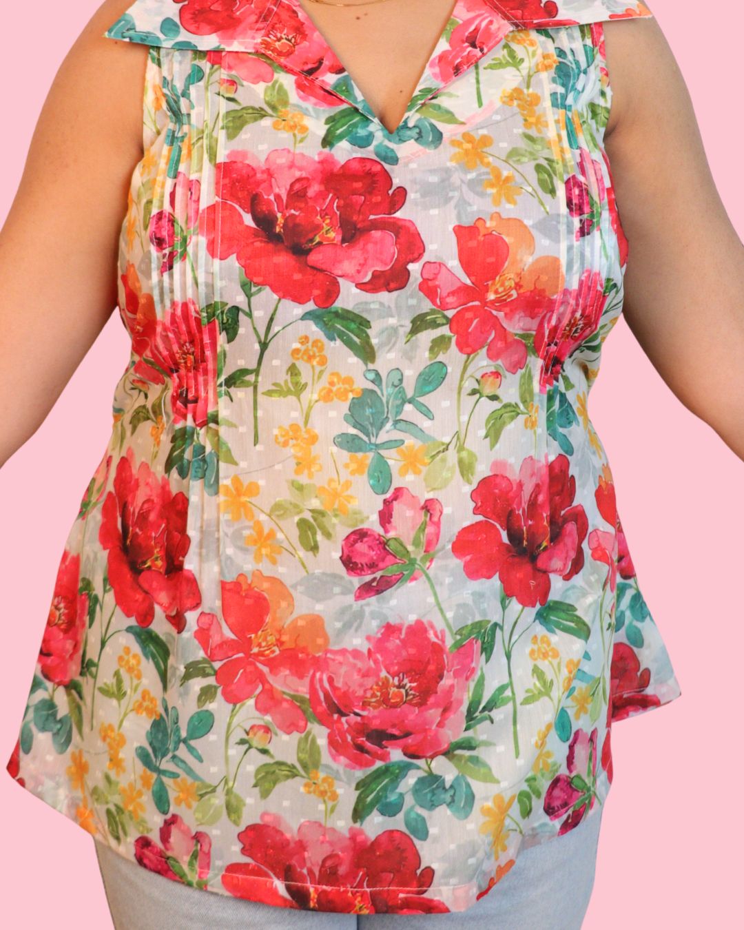 Red and Yellow Floral Print Short Kurta Sleeveless