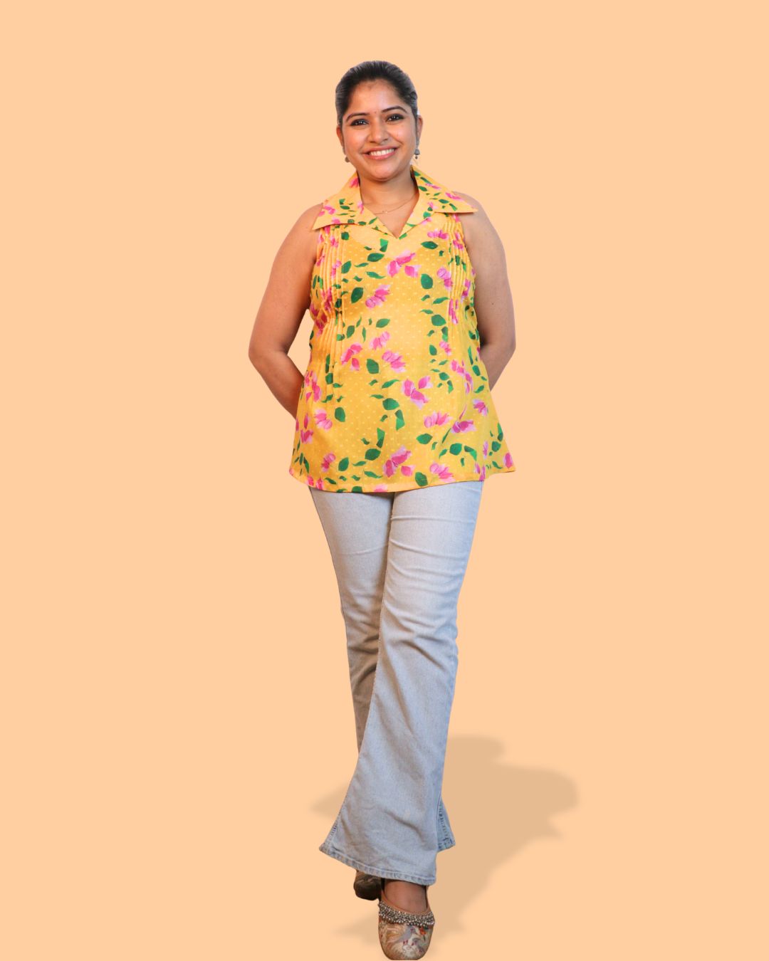 Yellow Floral Print Short Kurta Sleeveless