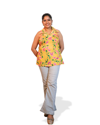 Yellow Floral Print Short Kurta Sleeveless