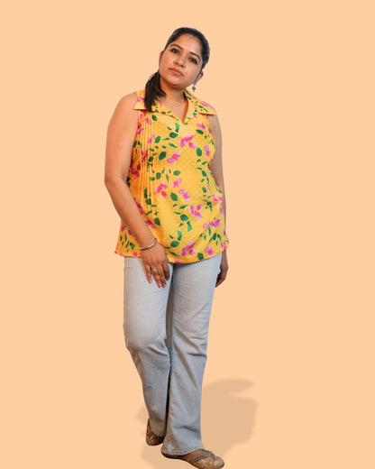 Yellow Floral Print Short Kurta Sleeveless