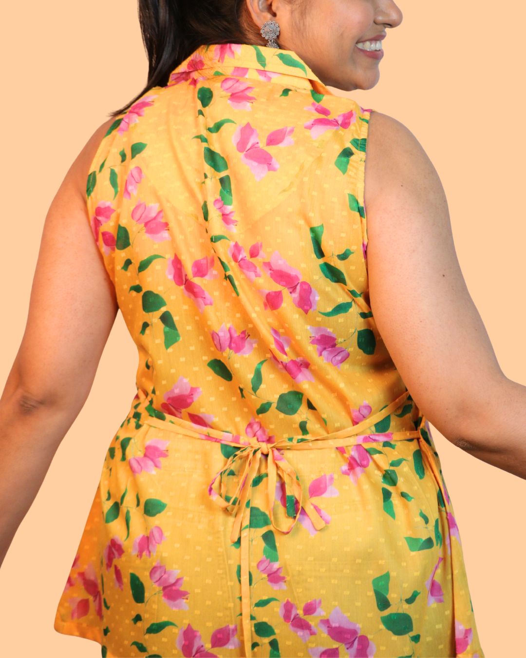Yellow Floral Print Short Kurta Sleeveless