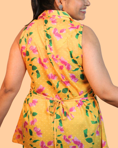 Yellow Floral Print Short Kurta Sleeveless