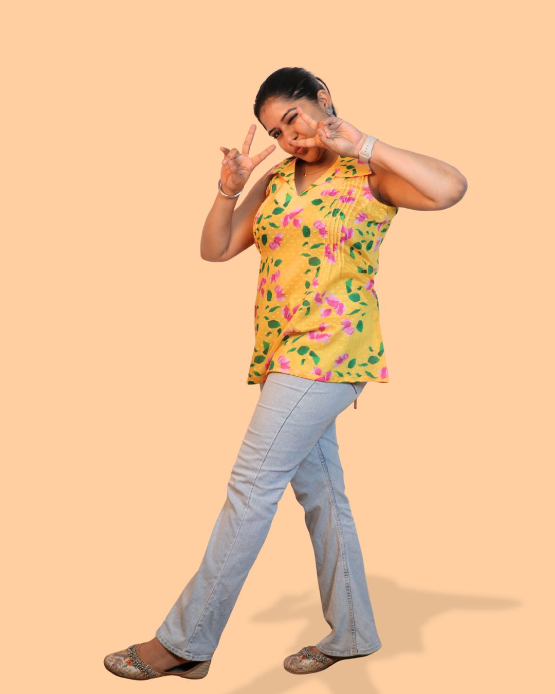 Yellow Floral Print Short Kurta Sleeveless