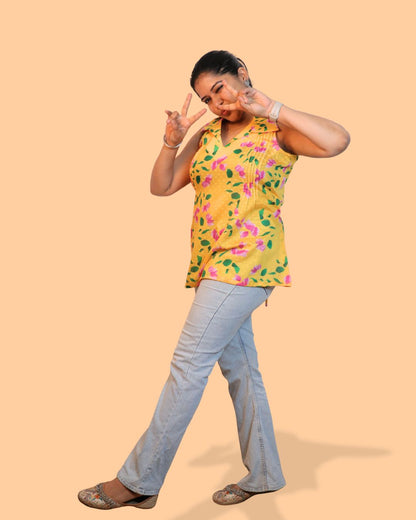 Yellow Floral Print Short Kurta Sleeveless
